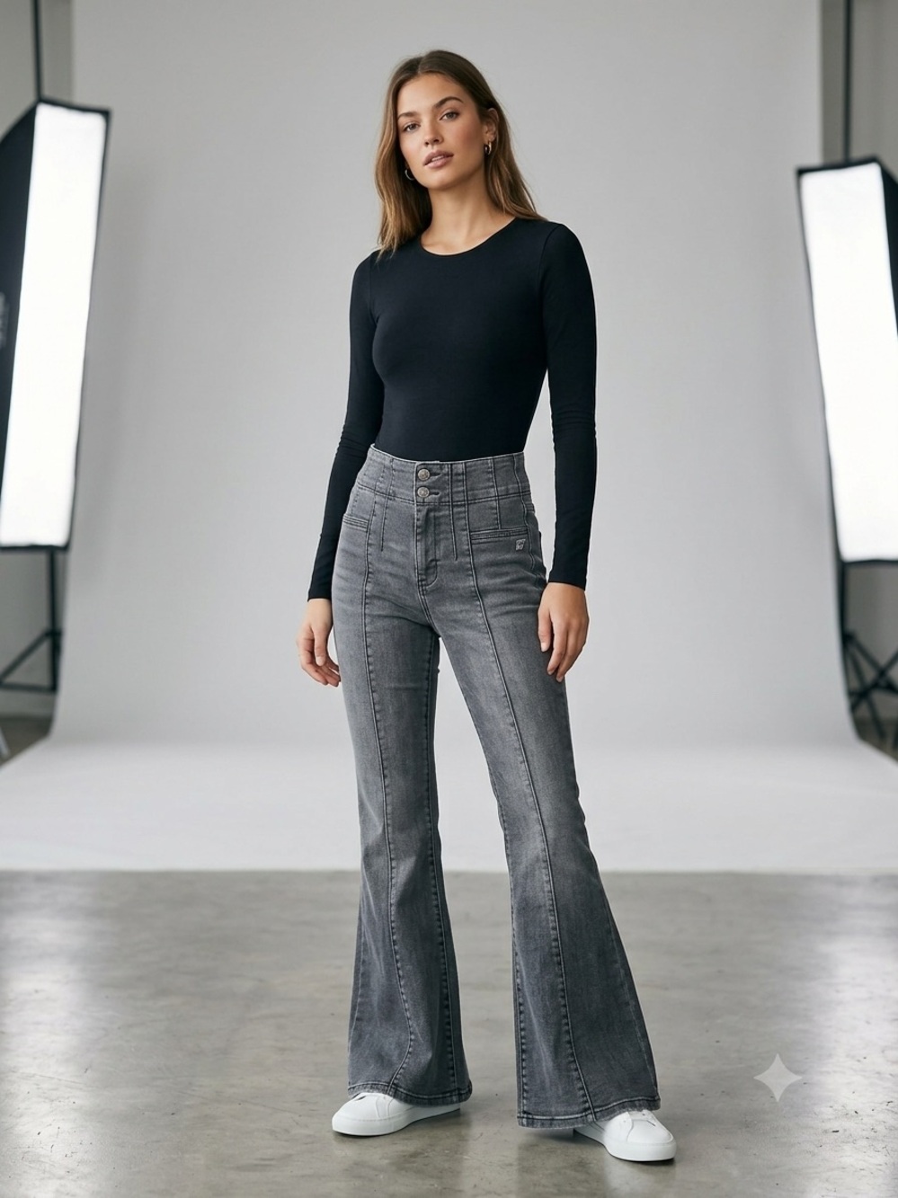 Free People High-Rise Flare Jeans – Grey Wash – Size 27 – Vintage Vibe